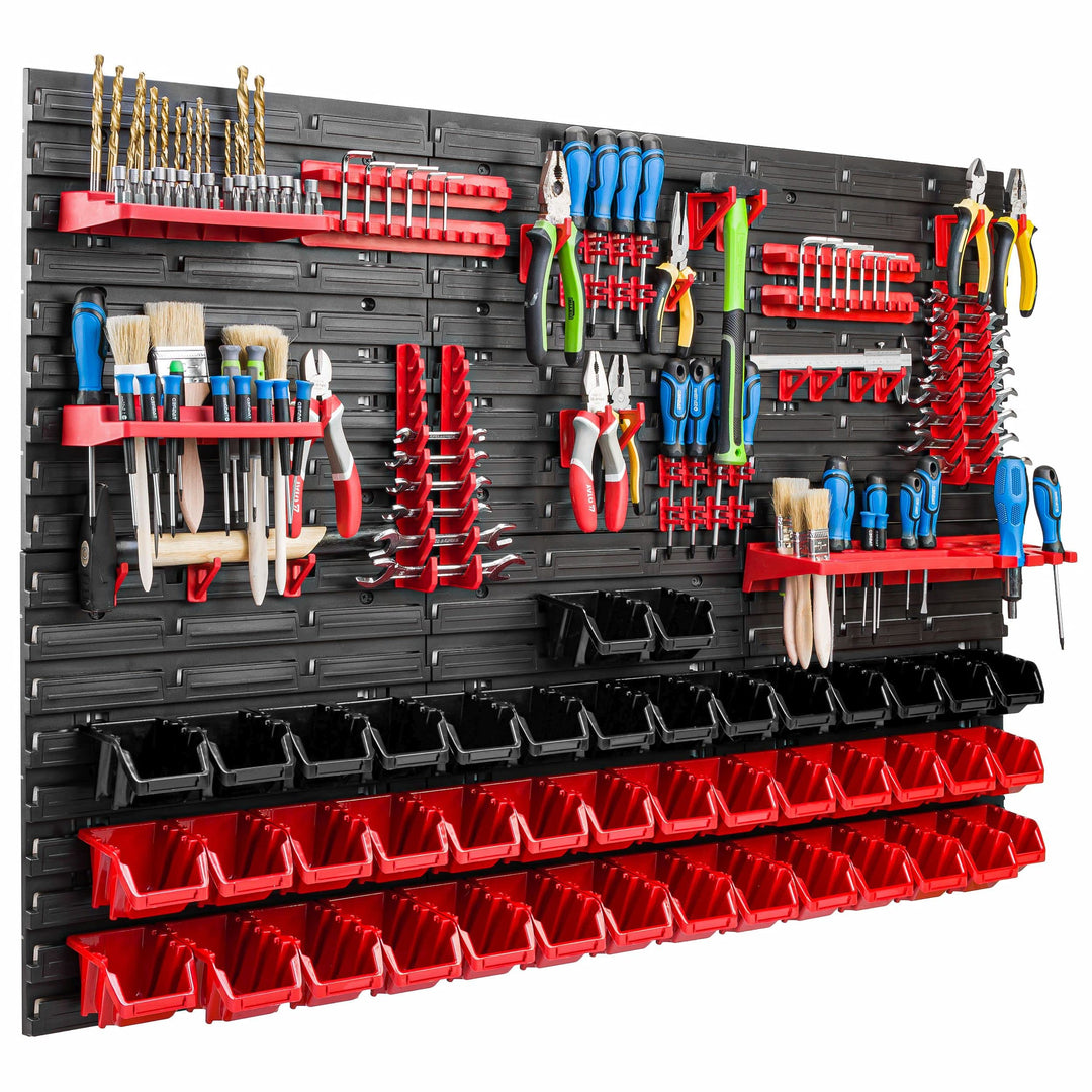 Lagersystem Werkstattregal | 117 x 78 cm | 44 stck. Box | Wandregal mit Werkzeughalterungen und Stap
