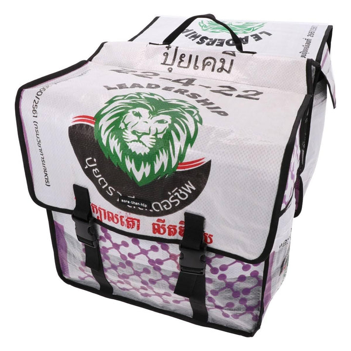 Doppelte Fahrradtasche aus recycelten Zementsäcken - Mumba Löwe-37 × 35 × 15 cm Weiss, Weiss