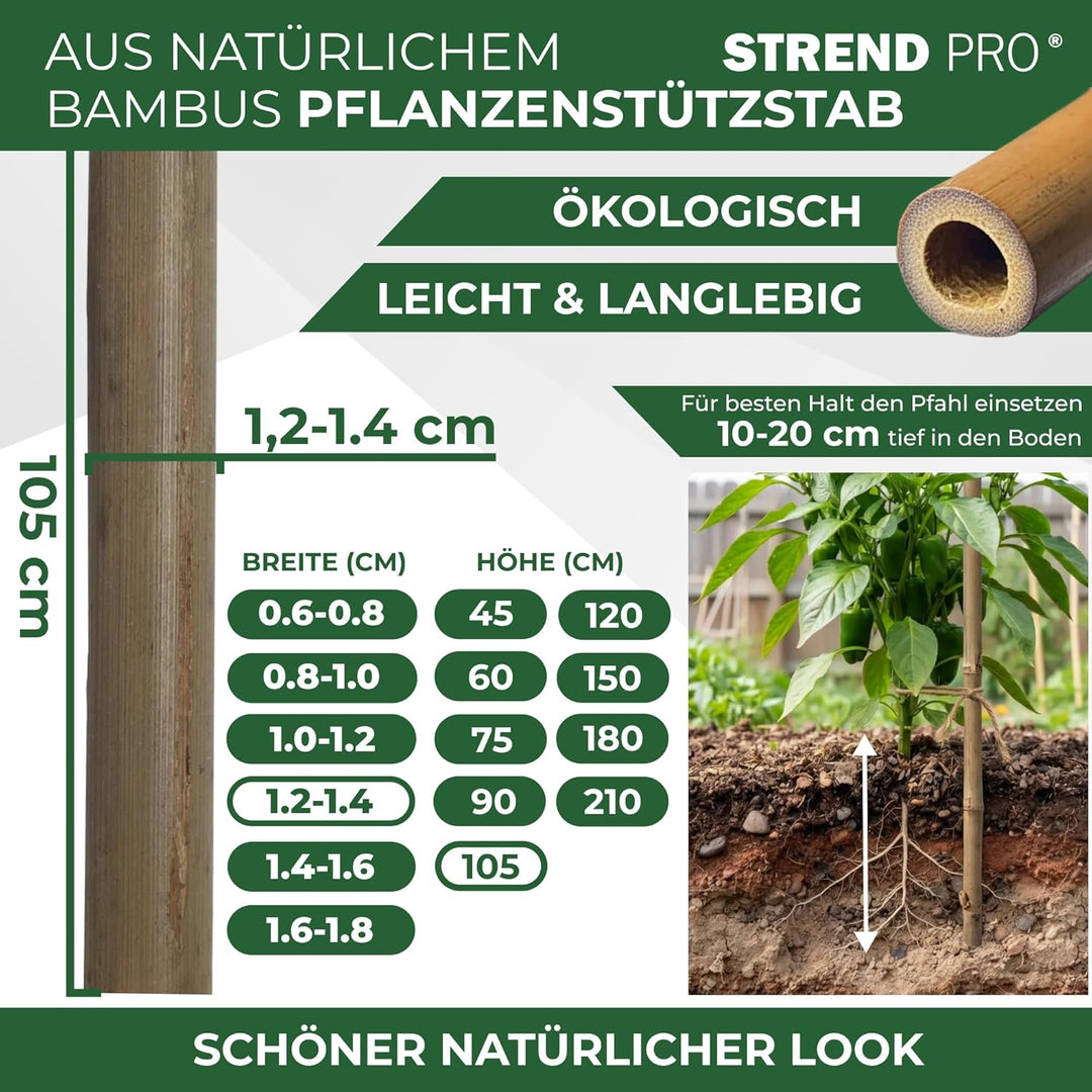 STREND PRO Bambusstäbe 105 cm - 10 Stk. | Ø 12-14 mm Natürliche Holzstäbe | Pflanzstäbe & Rankhilfe