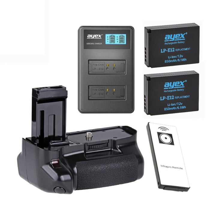 ayex Batteriegriff Kompatibel mit Canon EOS 100D Inkl. IR-Fernauslöser + 2 x LP-E12 Akku + 1 x USB D