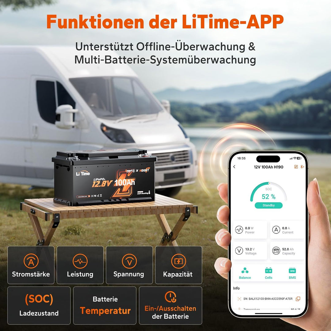 LiTime 12V 100Ah LiFePO4 Bluetooth H190 Lithium Battery für Wohnmobil in DIN H8 L5 Grösse, 15000-Zyk
