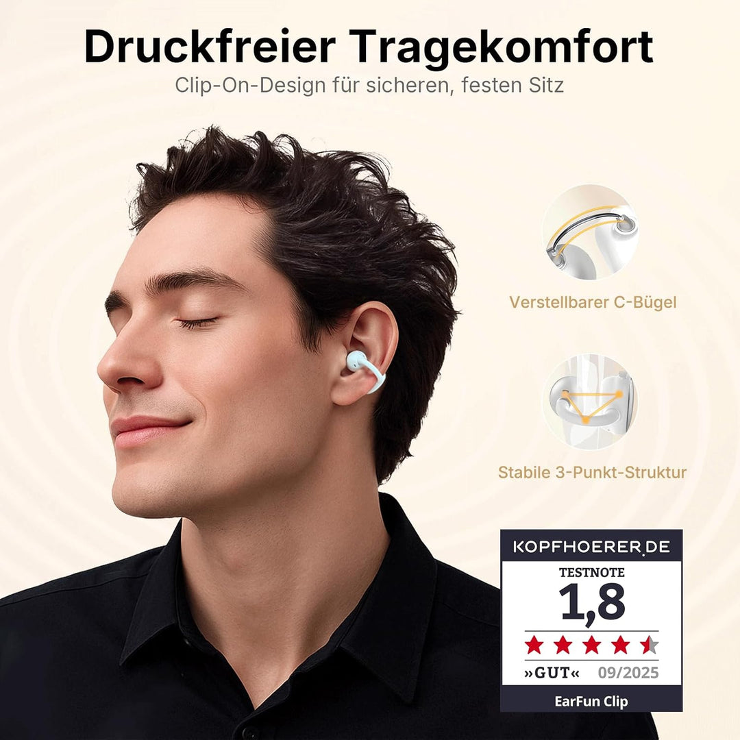 EarFun Clip Open-Ear Kopfhörer Bluetooth, komfortabler Sitz, 10.8 mm Carbon-Treiber, Hi-Res Audio, L