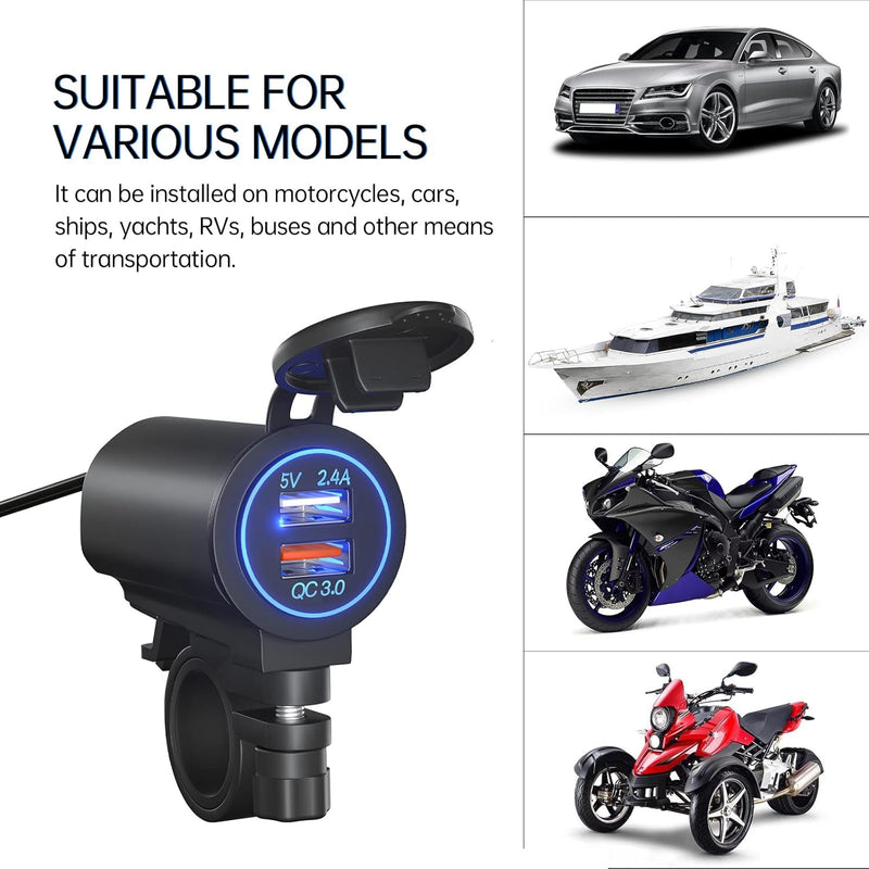 Shkalacar Dual USB Motorrad Ladegerät, Motorrad USB Ladekabel Adapter QC3.0-Schnelllade Wasserdichte