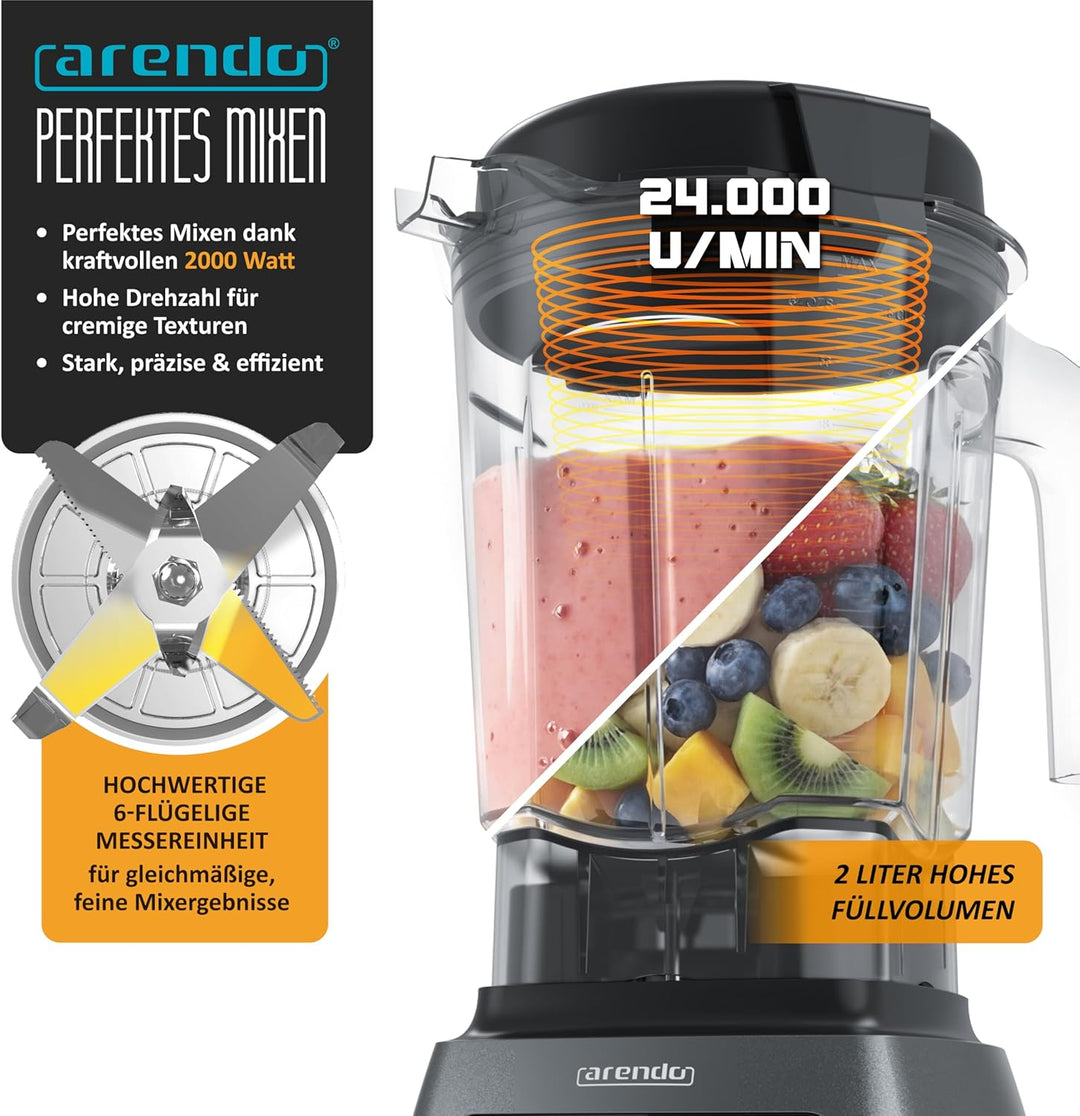Arendo – Standmixer mit Touchpanel – 2000 Watt Hochleistungsmixer - 9 Geschwindigkeitsstufen – 24.00