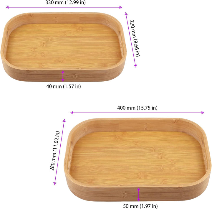 FUNSUEI 3er Set Bambus Serviertablett, Tablett Serviertablett Holz mit Griffen, 2 Grössen Rechteckig