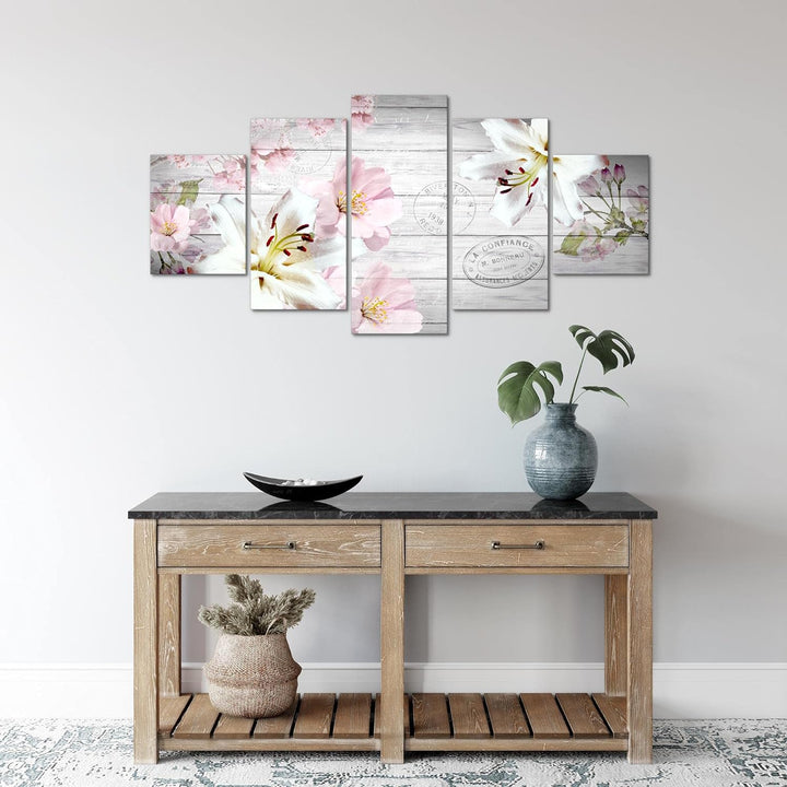 Runa Art Wandbilder Blumen Lilien 5 Teilig Bild auf Vlies Leinwand Deko Wohnzimmer Holz Vintage Grau