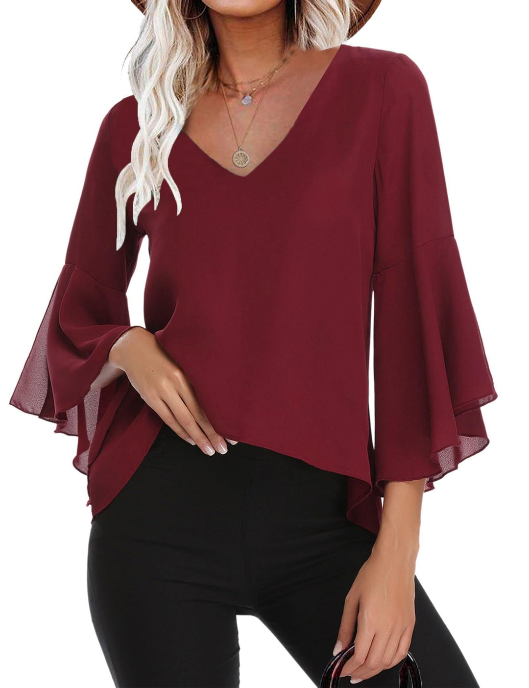 Gyabnw Damen Chiffon Bluse Volantärmeln Tunika 3/4 Arm Elegant Chiffontunika Festlich Chiffon Bluse