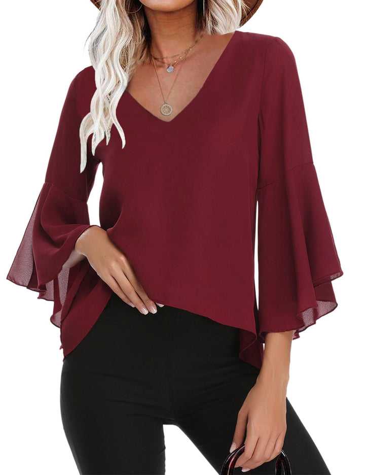 Gyabnw Damen Chiffon Bluse Volantärmeln Tunika 3/4 Arm Elegant Chiffontunika Festlich Chiffon Bluse