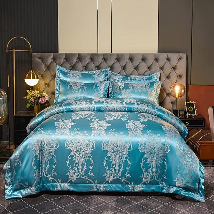Tospass Satin Bettwäsche 200x220 Himmelblau Microfaser 3Teilig Jacquard Stickerei Prozess Blumen Bet