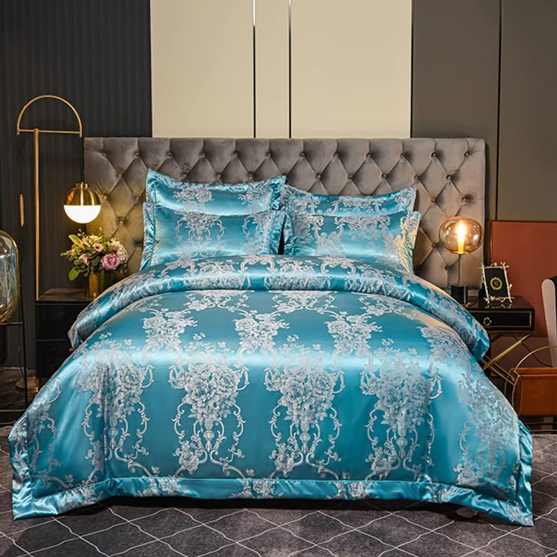 Tospass Satin Bettwäsche 155x220 Blau Microfaser 2Teilig Himmelblau Jacquard Stickerei Prozess Blume