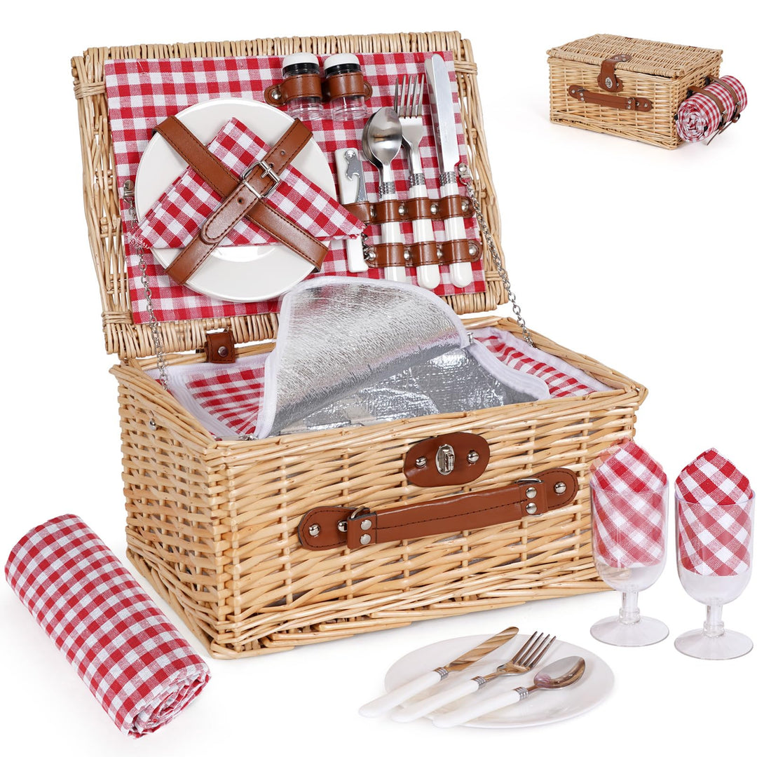 Picknickkorb für 2 Personen - Isolierter Vintage Weidenkorb mit wasserdichter Matte & Besteckset Paa