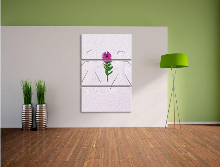 Pixxprint Strichmännchen mit Blume schwarz/weiss 3-Teiler Leinwandbild 120x80 Bild auf Leinwand