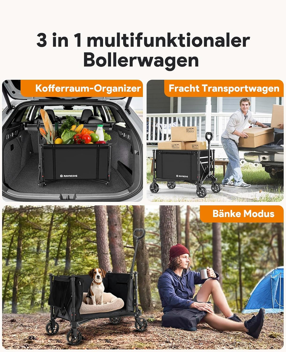 3 in 1 Bollerwagen Faltbar 120L, Klappbar Handwagen mit Rädern, 220lbs Transportwagen Faltbar, Umbau
