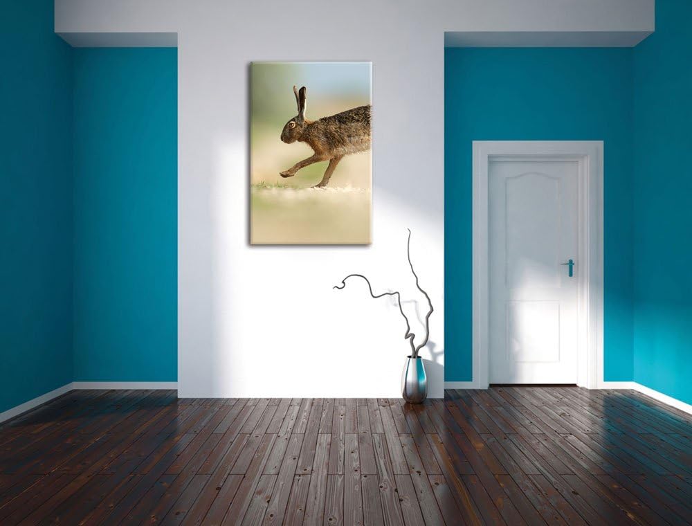 Pixxprint Hüpfender Hase, Format: 100x70 auf Leinwand, XXL riesige Bilder fertig gerahmt mit Keilrah