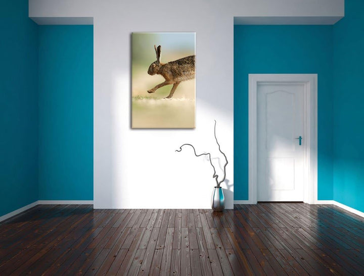 Pixxprint Hüpfender Hase, Format: 100x70 auf Leinwand, XXL riesige Bilder fertig gerahmt mit Keilrah