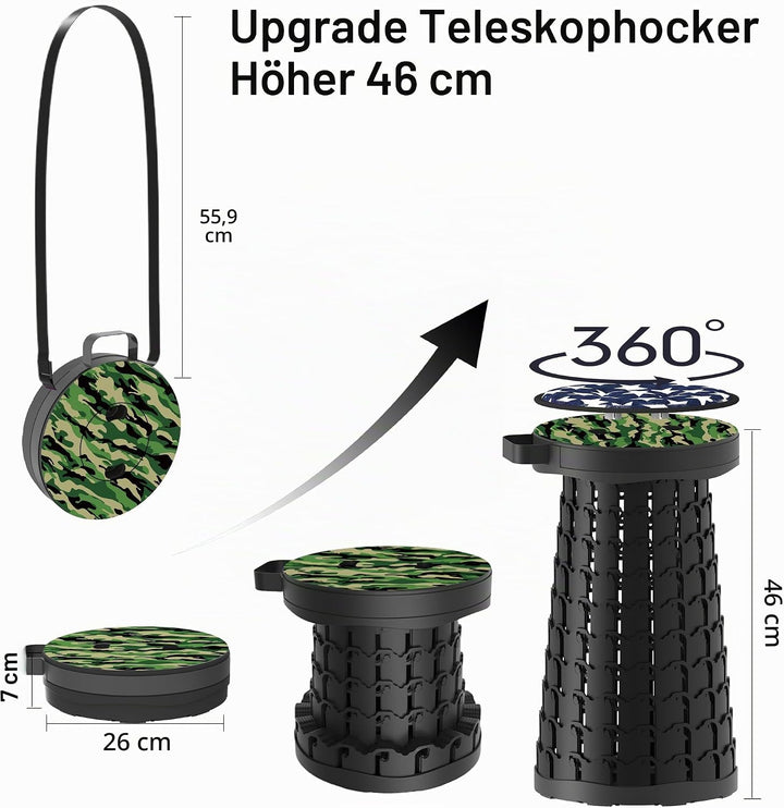 ALEVMOOM Tragbarer Klapphocker mit Kissen,Camping Hocker Teleskophocker,Klappbarer Hocker,Mini Leich