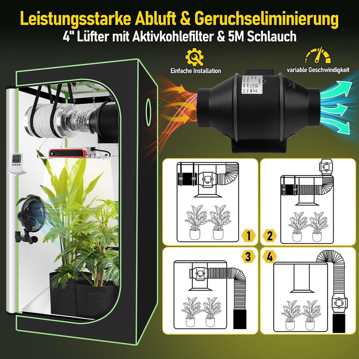 Growzelt Komplettset 80x80x160cm mit Dimmbarer LED Grow Lampe, Pflanzenzelt, Inkl. 4" Aktivkohlefilt
