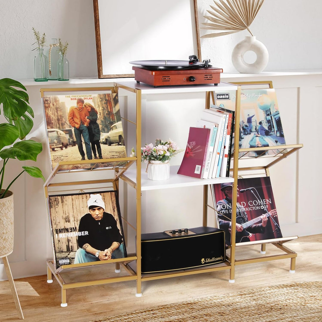 HYCFYJR Plattenspieler Ständer, Schallplatten Aufbewahrung mit 4-stufiger Vinyl Halter und Metallrah