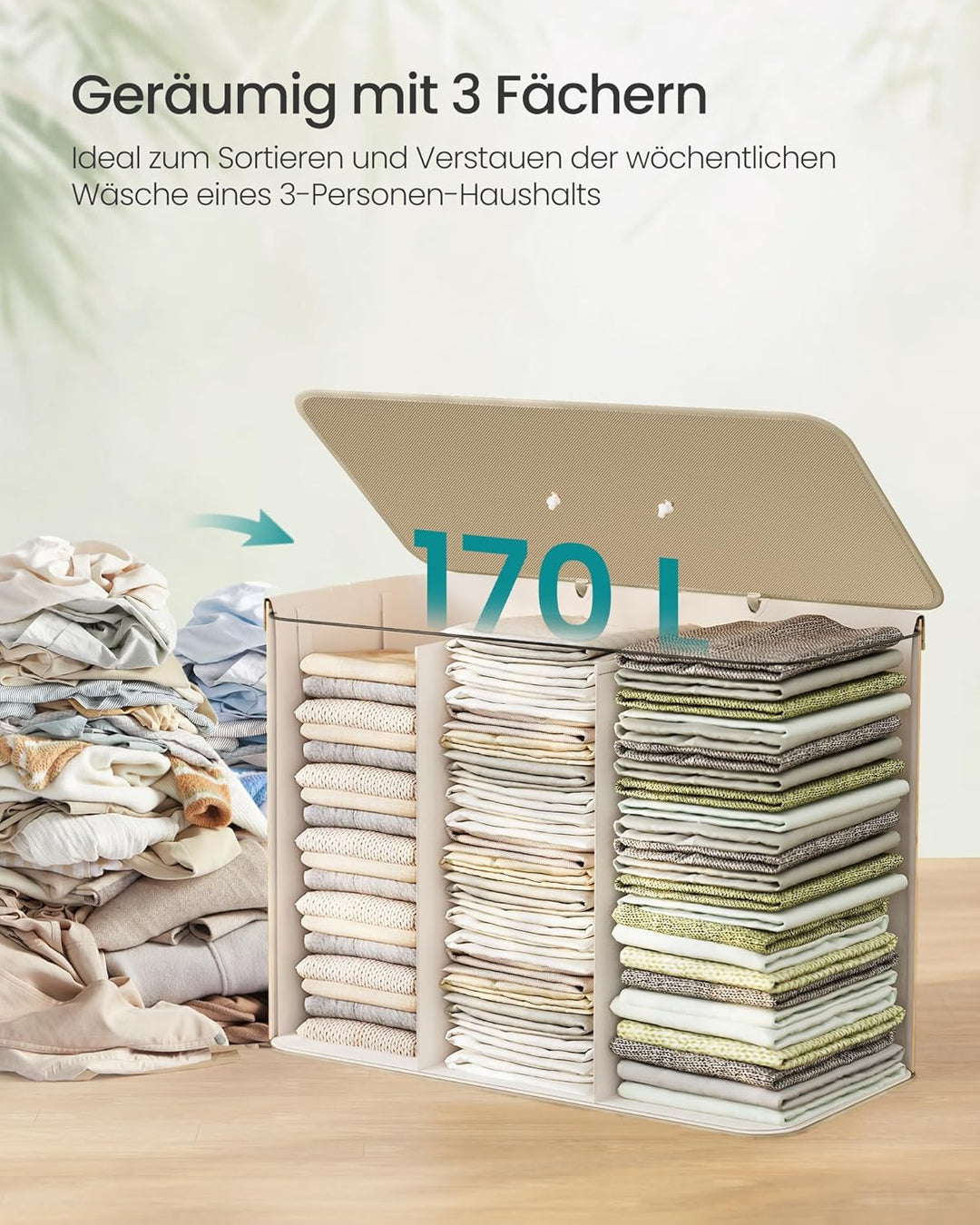 SONGMICS Wäschekorb mit Deckel, 3 Fächer, 170 Liter, Wäschesammler aus Bambus, faltbar, Wäschesack h