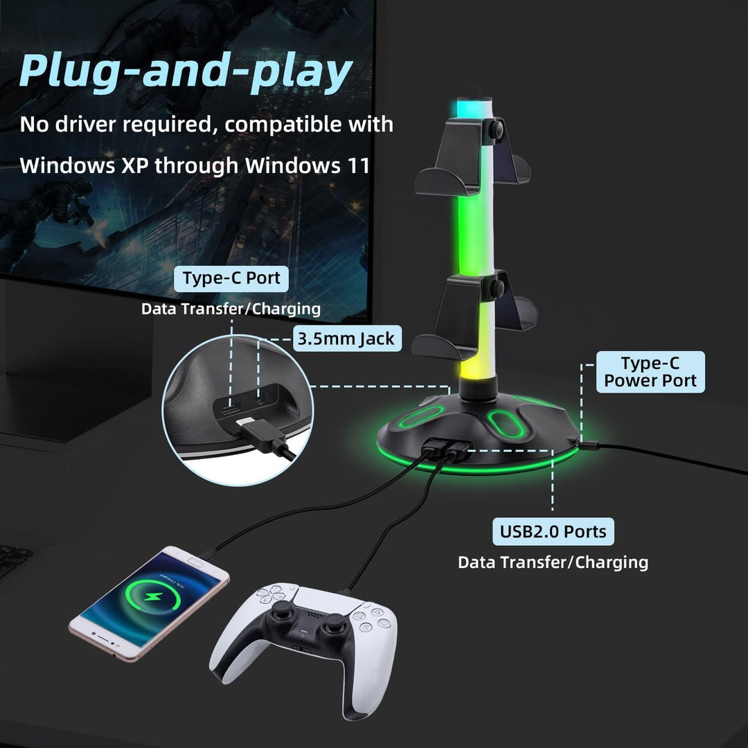 RGB Gaming Kopfhörer Ständer mit 9 Lichtmodi，Controller Halter Schreibtisch,Headset Halterung mit 2