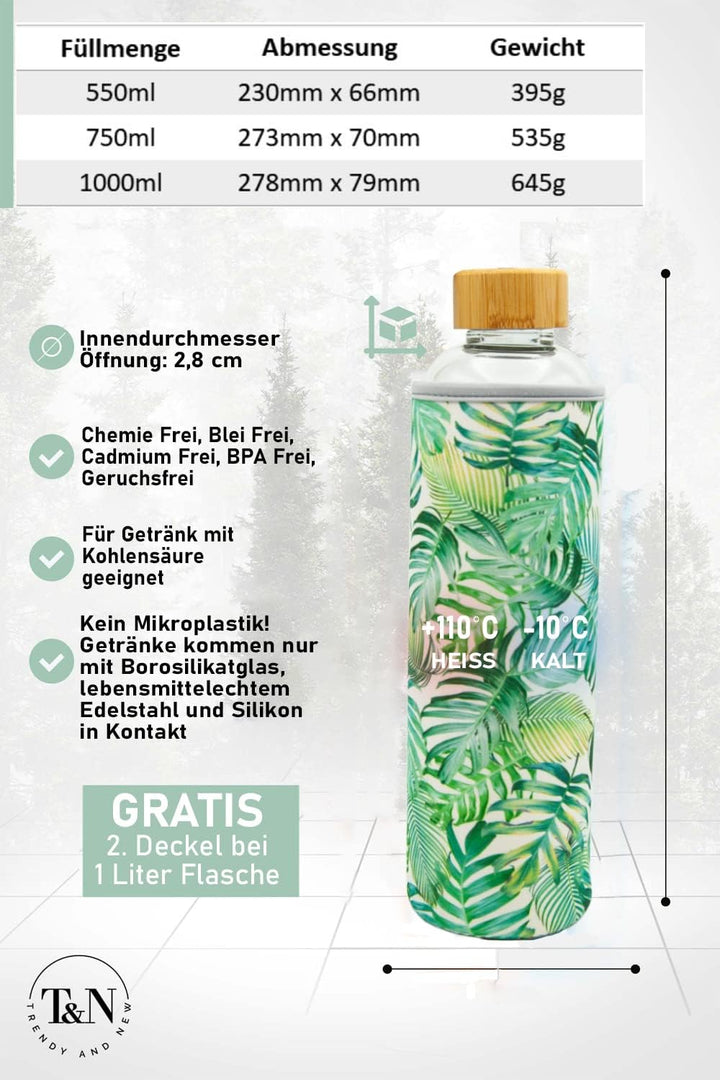 T&amp;N Glasflasche 1 Liter / 750ml / 500ml – Trinkflasche Glas 1l mit Neoprenhülle – Wasserflasche Ausl