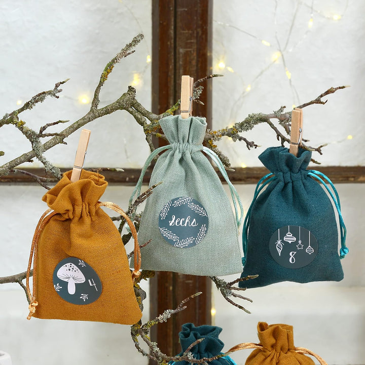 Papierdrachen 24 Adventskalender Stoffsäckchen zum Befüllen - mit Zahlenaufklebern von 1-24 - Stoffb