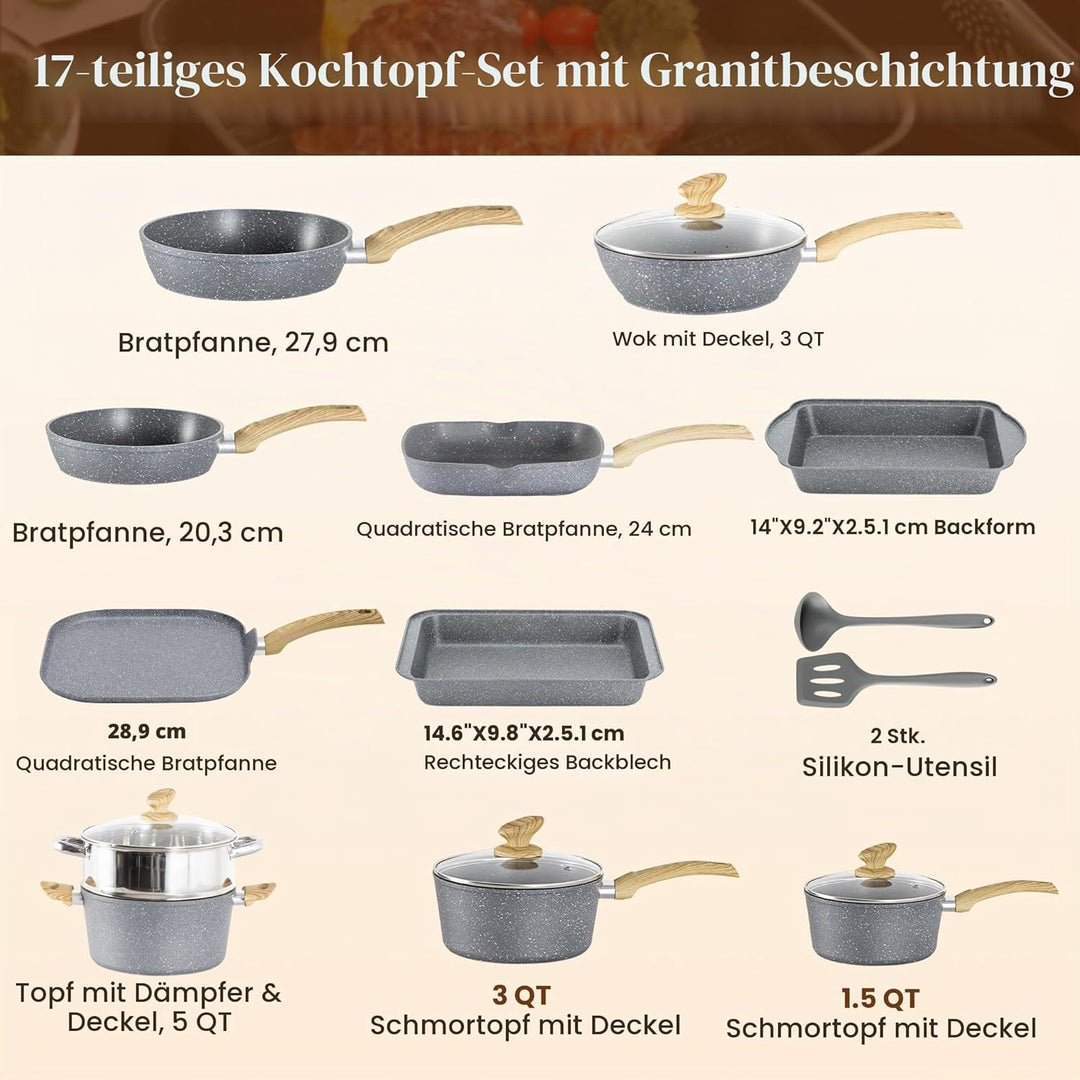 Kitchen Academy Topfset Pfannenset Induktion - 17 teilig, Kochgeschirr Set mit Glasdeckel, PFAS-frei