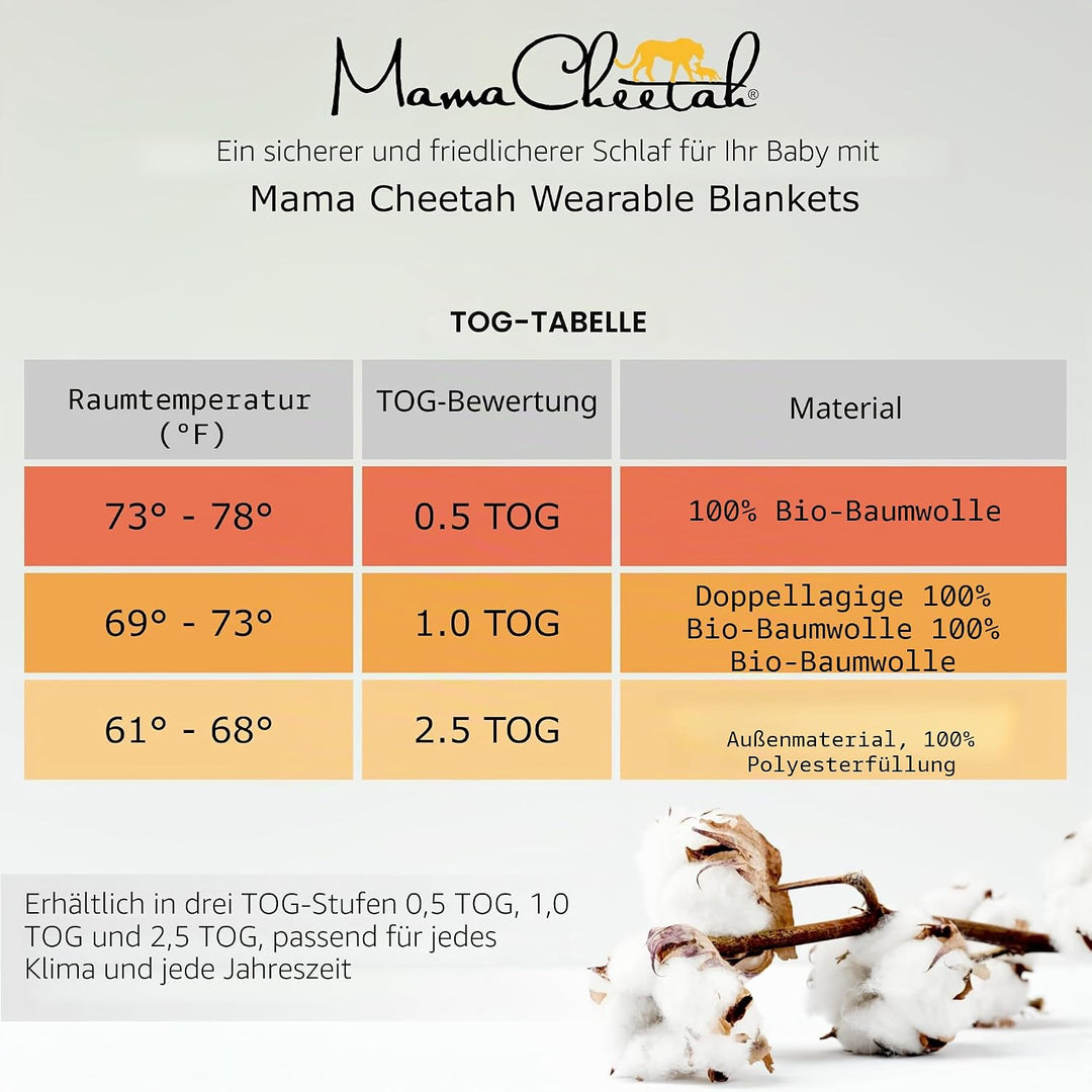 Mama Cheetah Baby Schlafsack, Bio-Baumwolle, Tragbare Babydecke, Schlafsack mit 2-Wege-Reissverschlu
