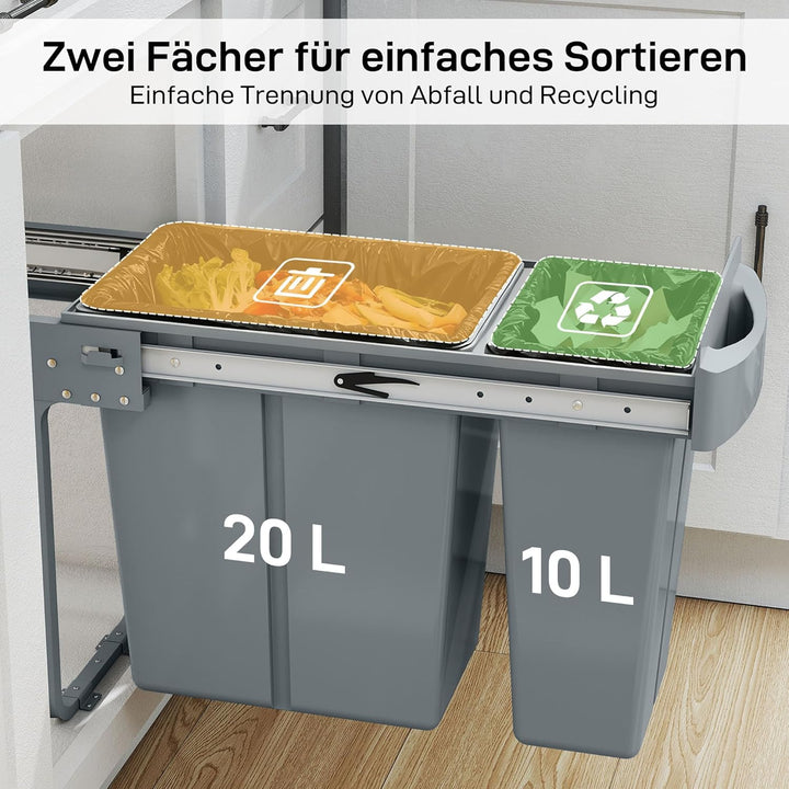 HOMCOM Abfallsammler 20L+10L Ausziehbar Einbaumülleimer Unterschrank Abfalleimer Mülleimer für Schrä