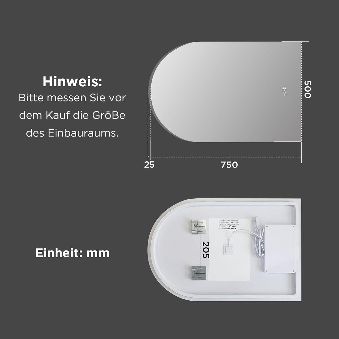 SANYCASA Bogenförmiger Touchspiegel 75x50 cm – LED Badezimmerspiegel mit Anti-Beschlag, 3 Farbtemper