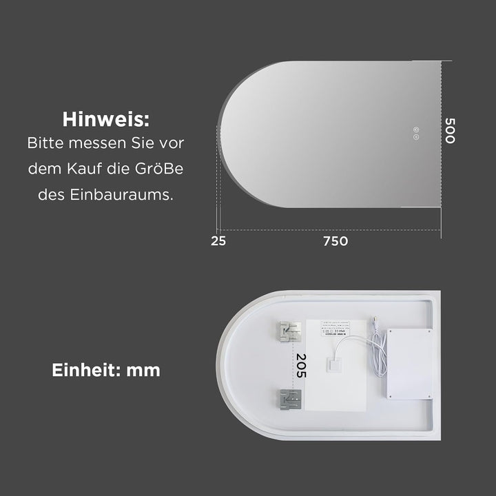 SANYCASA Bogenförmiger Touchspiegel 75x50 cm – LED Badezimmerspiegel mit Anti-Beschlag, 3 Farbtemper