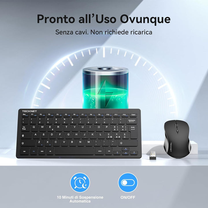 TECKNET Italienische QWERTY-Tastatur und Maus, 2.4G kabellose Tastatur und leise Maus mit Nano-USB-E