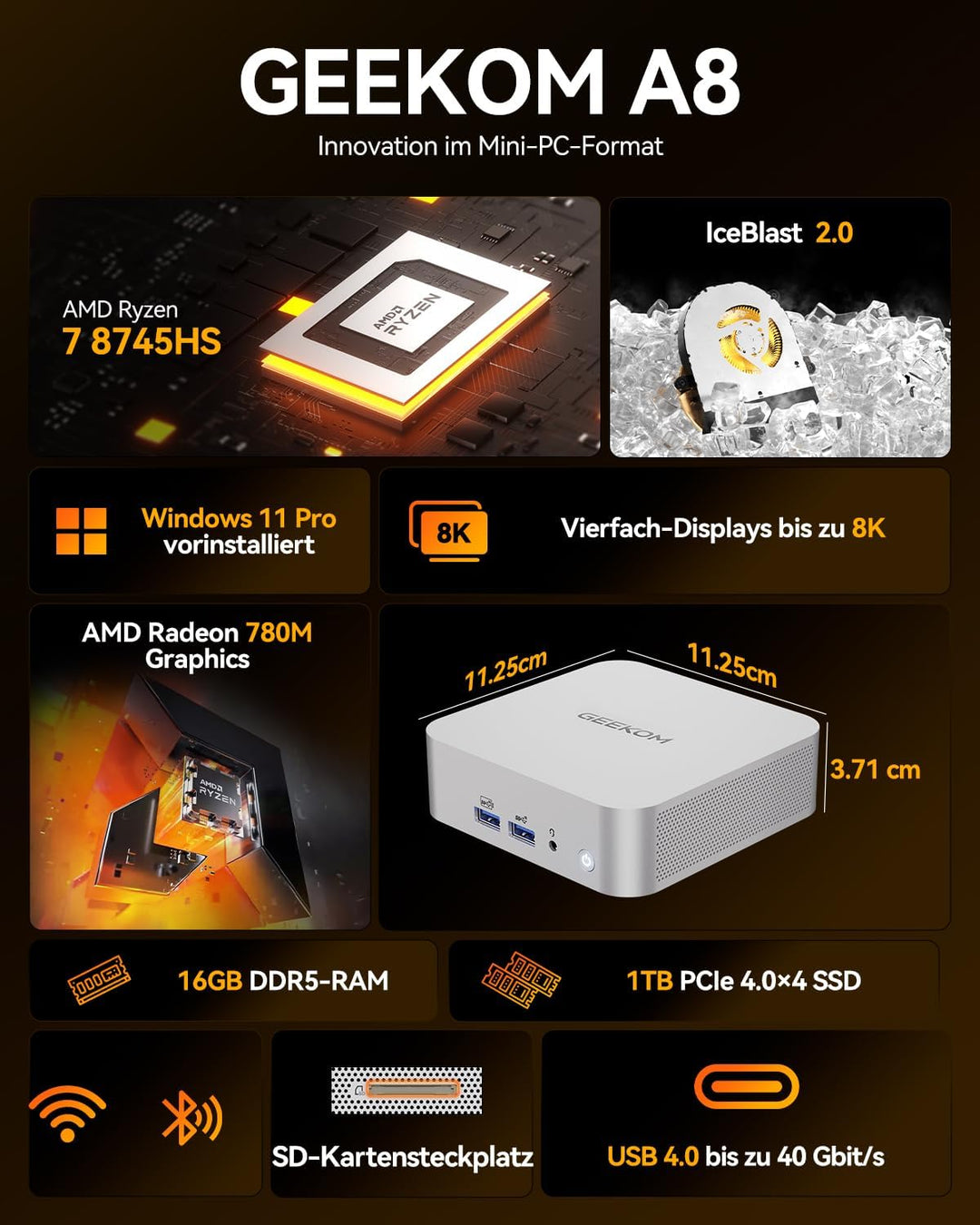 GEEKOM A8 [Die besten Office Mini-PCs] Mini PC mit AMD Ryzen 7 8745HS(3-Jahren-Garantie), 16GB DDR5