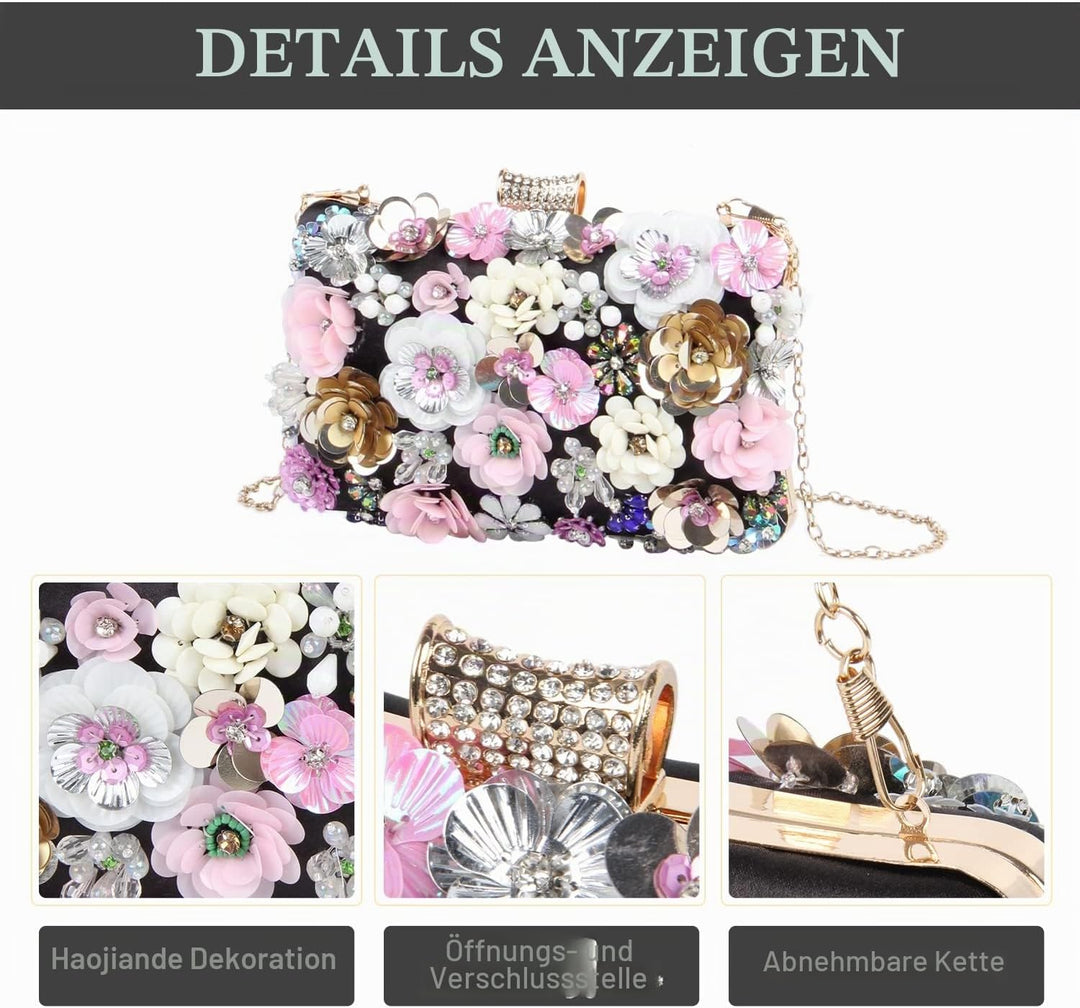 Fecialy Blumen-Clutch-Abendtaschen für Damen mit bunten Blumen-Metall-Strasssteinen Abend-Clutch-Gel