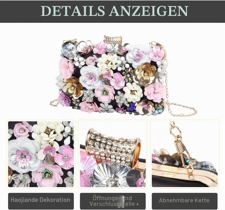 Fecialy Blumen-Clutch-Abendtaschen für Damen mit bunten Blumen-Metall-Strasssteinen Abend-Clutch-Gel