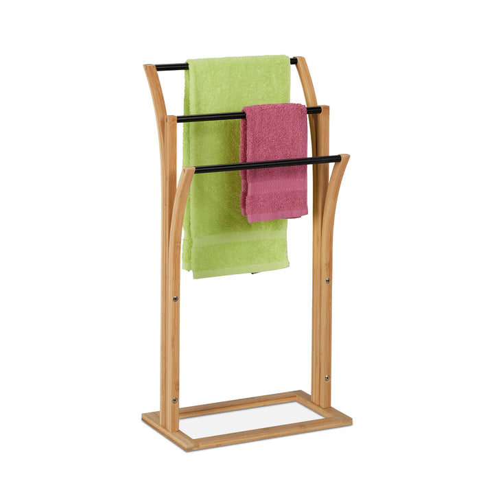 Relaxdays Handtuchhalter, Bambus, 3 versetzte Stangen, H x B x T: 82 x 42 x 24 cm, Handtuchständer B