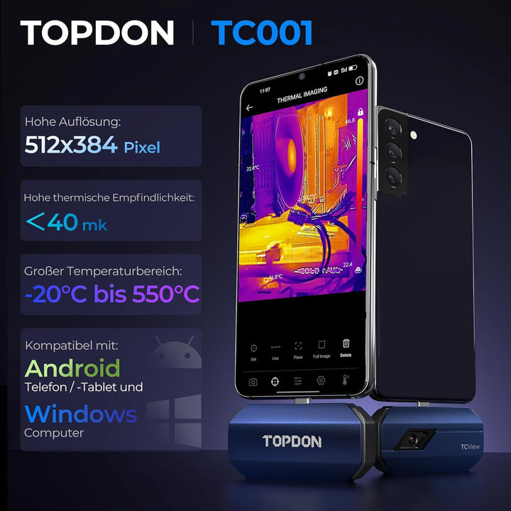 TOPDON Wärmebildkamera -TC001, 512x384 TISR Auflösung, ＜40mK Wärmeempfindlichkeit, 25Hz, Testbereich