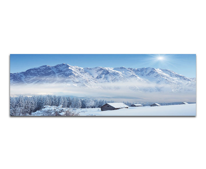 Paul Sinus Art Panoramabild auf Leinwand und Keilrahmen 150x50cm Winterlandschaft Berge Wald Häuser