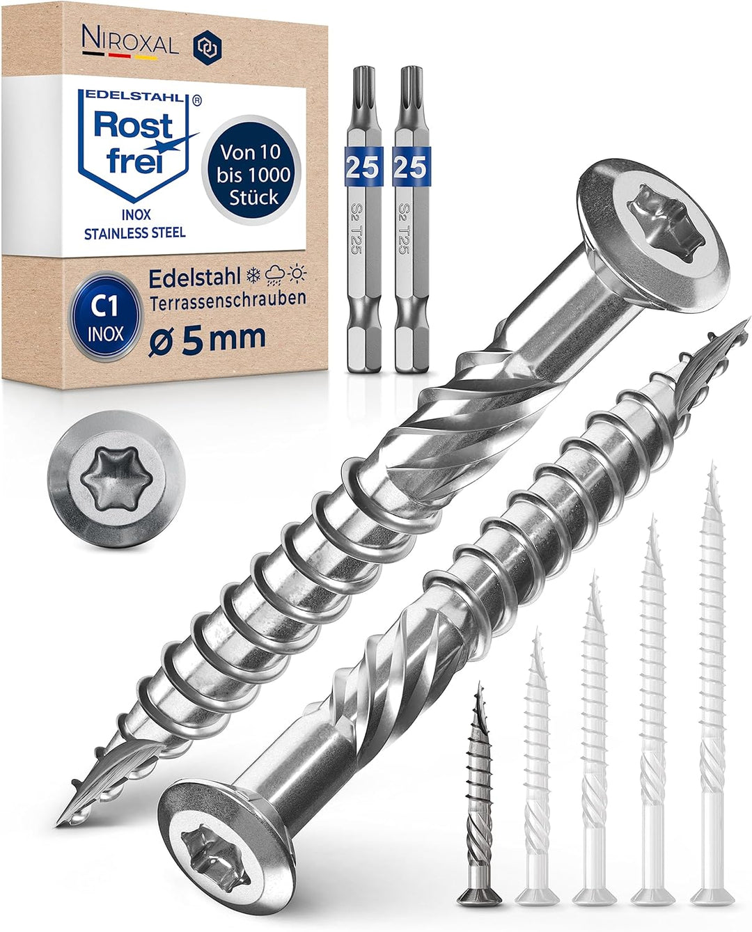 1000 Stück Terrassenschrauben 5 x 40 mm lang | PERFEKT für 16 mm Terrassendielen | rostfreier gehärt