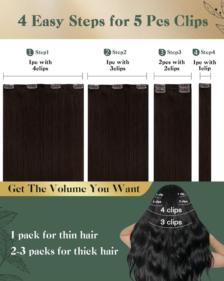 Ugeat Clip in Extensions Echthaar Dunkelbraun Haarverlängerung Echthaar Extensions Haare Natürlich E