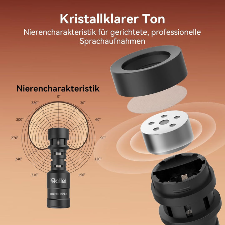Rollei Hear:Me Mini 2 Richtmikrofon für Kamera und Handy Professionelle, Video Shotgun Externe Mic C