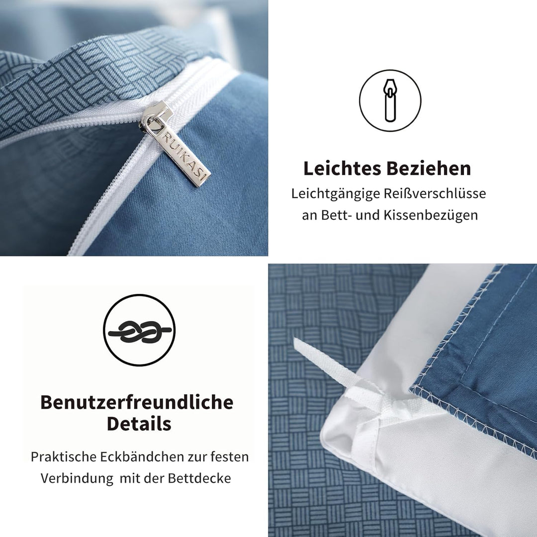 RUIKASI Bettwäsche 220x240 Baumwolle 3 teilig Denimblau - Baumwollbettwäsche 220 x 240 mit Karo Blau