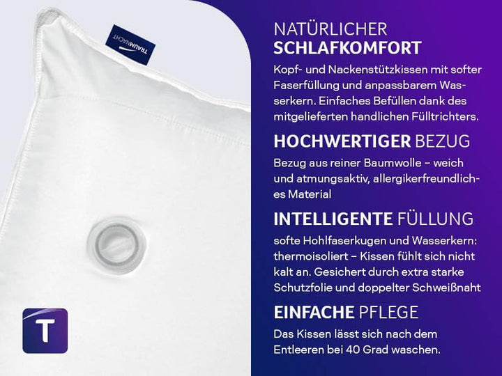 Traumnacht orthopädisches Wasserkissen mit anpassbarer Füllmenge, Bezug aus 100% Baumwolle, 40 x 80