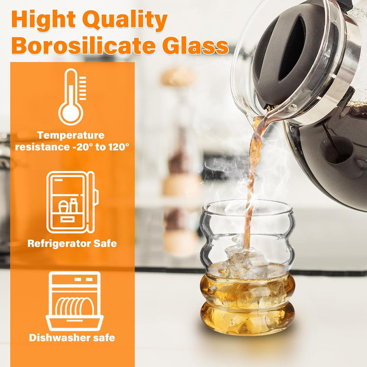 Withosent 300ml Bubble Gläser mit Strohhalm, 4er Gerippte Trinkgläser Set, Wave Gläser Tumbler Glasb