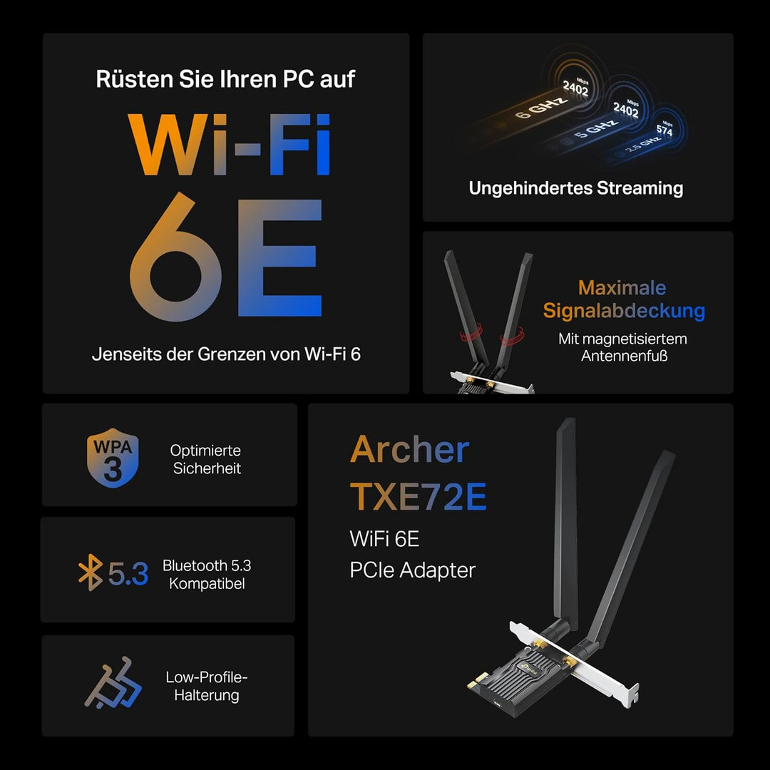 TP-Link Archer TXE72E AXE5400 Wi-Fi 6E Bluetooth 5.3 PCIe Adapter(6 GHz 2402 Mbps,5 GHz 2402 Mbps,2.