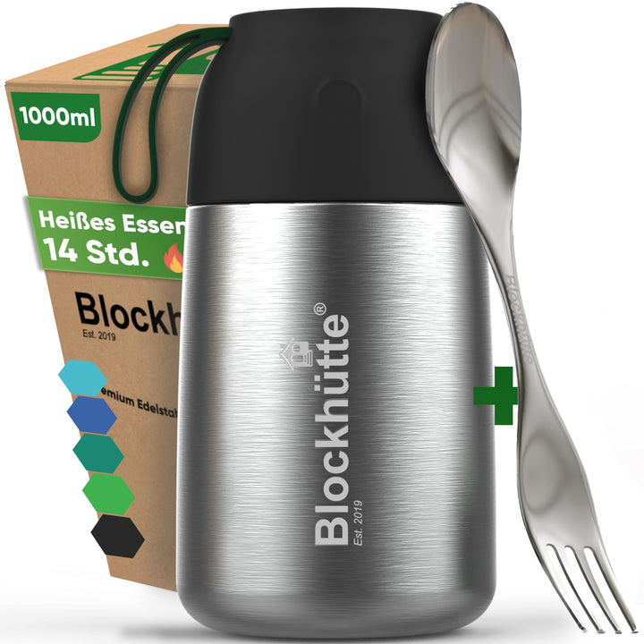 Blockhütte Edelstahl Thermobehälter I 1L l Essen warmhalten Behälter, auslaufsicher I Thermos Essens