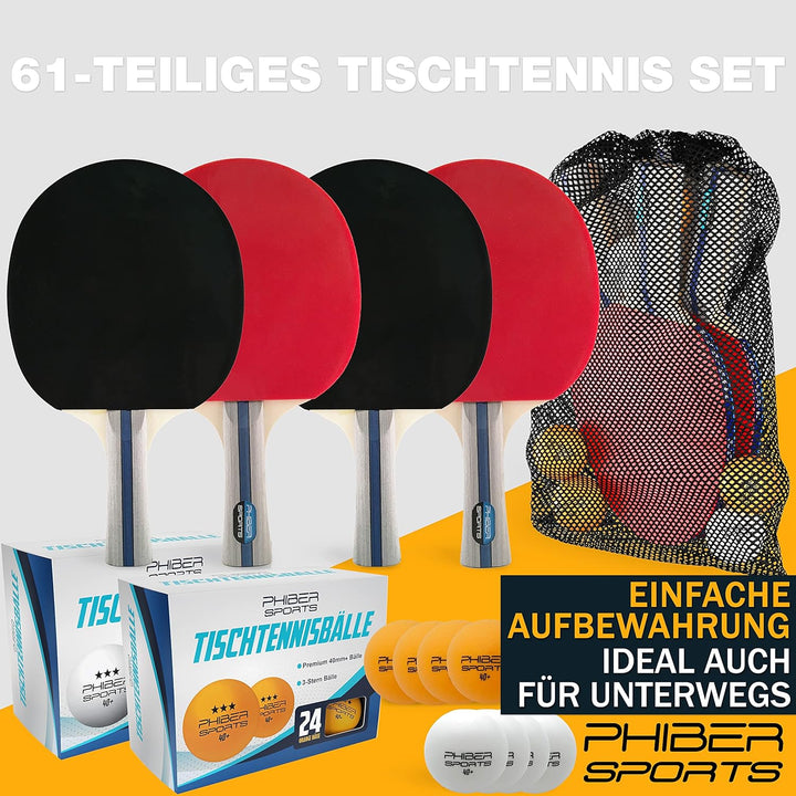 PHIBER-SPORTS Tischtennis Set mit 4 Tischtennisschläger + 8 Tischtennisbälle + Praktische Tragetasch