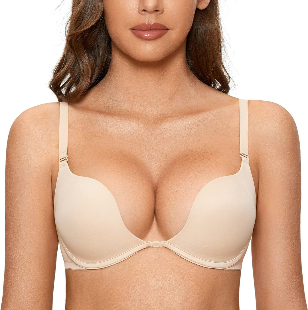 DOBREVA Damen mit Bügel Deep U Push Up Plunge BH Sexy Gepolstert Tshirt 70C Beige, 70C Beige