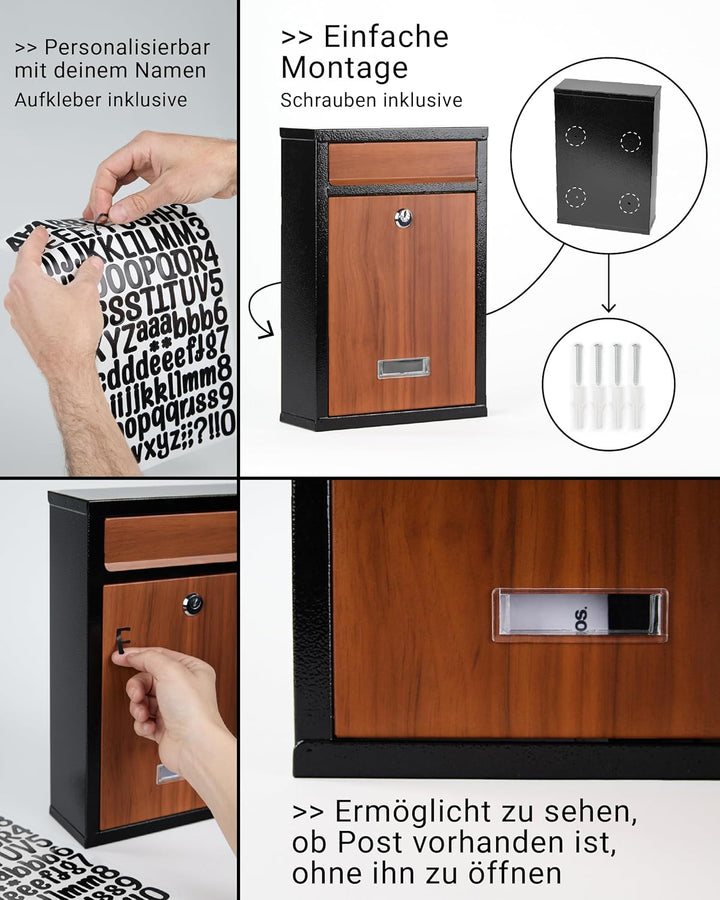 Briefkasten klein personalisiert mit Hausnummer | Verzinkter Stahl in Vintage Holzoptik, wetterfest