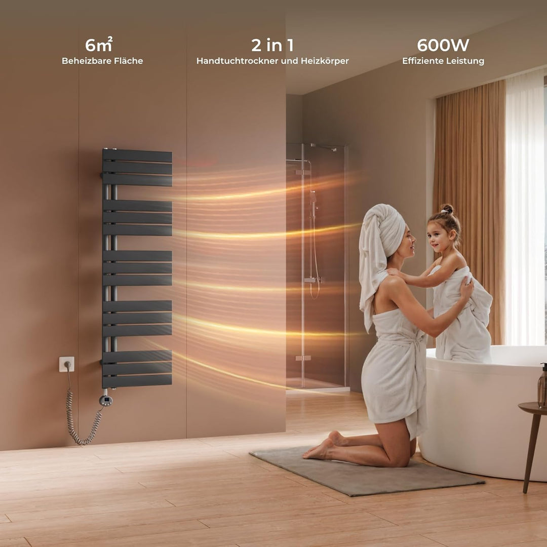 S'AFIELINA Badheizkörper Elektrisch 1320×400mm Anthrazit, 600W Handtuchheizkörper Elektrisch mit The